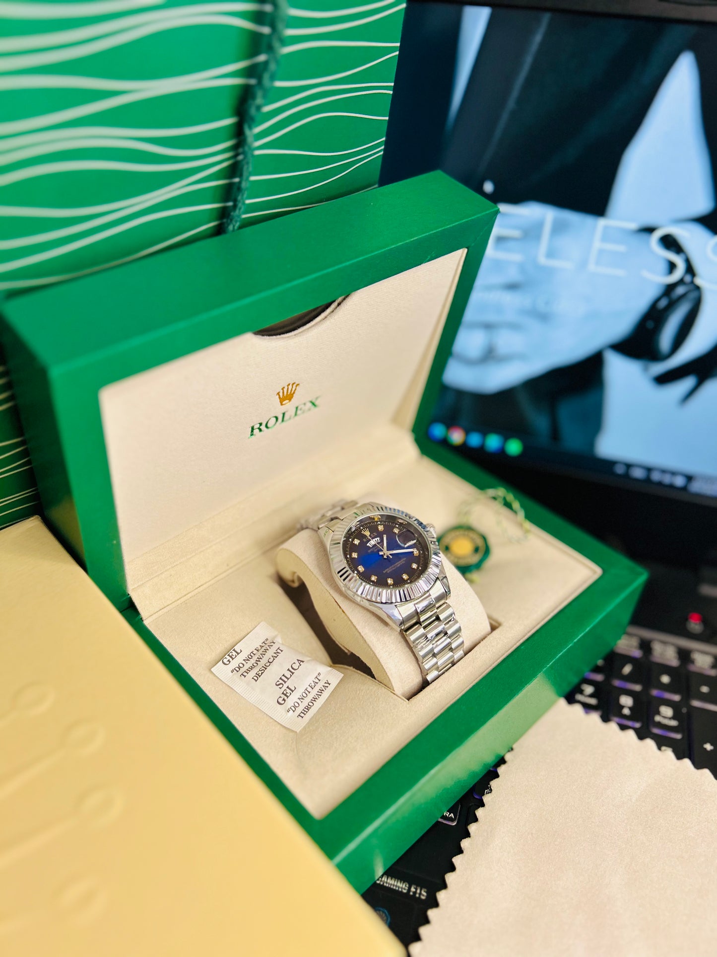 Blue Dial Luxury Watch with Silver Chain & Original Rolex Box