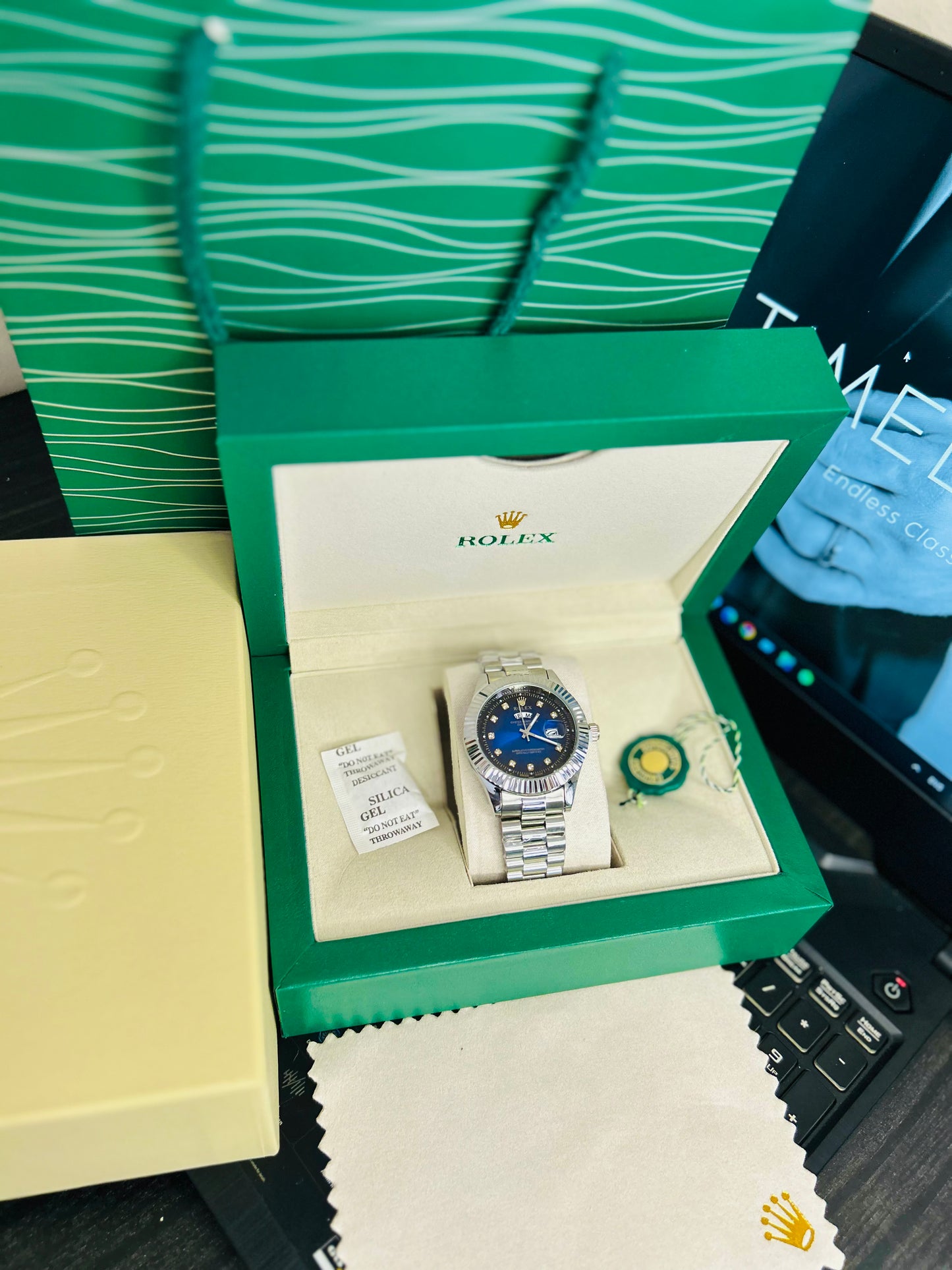Blue Dial Luxury Watch with Silver Chain & Original Rolex Box