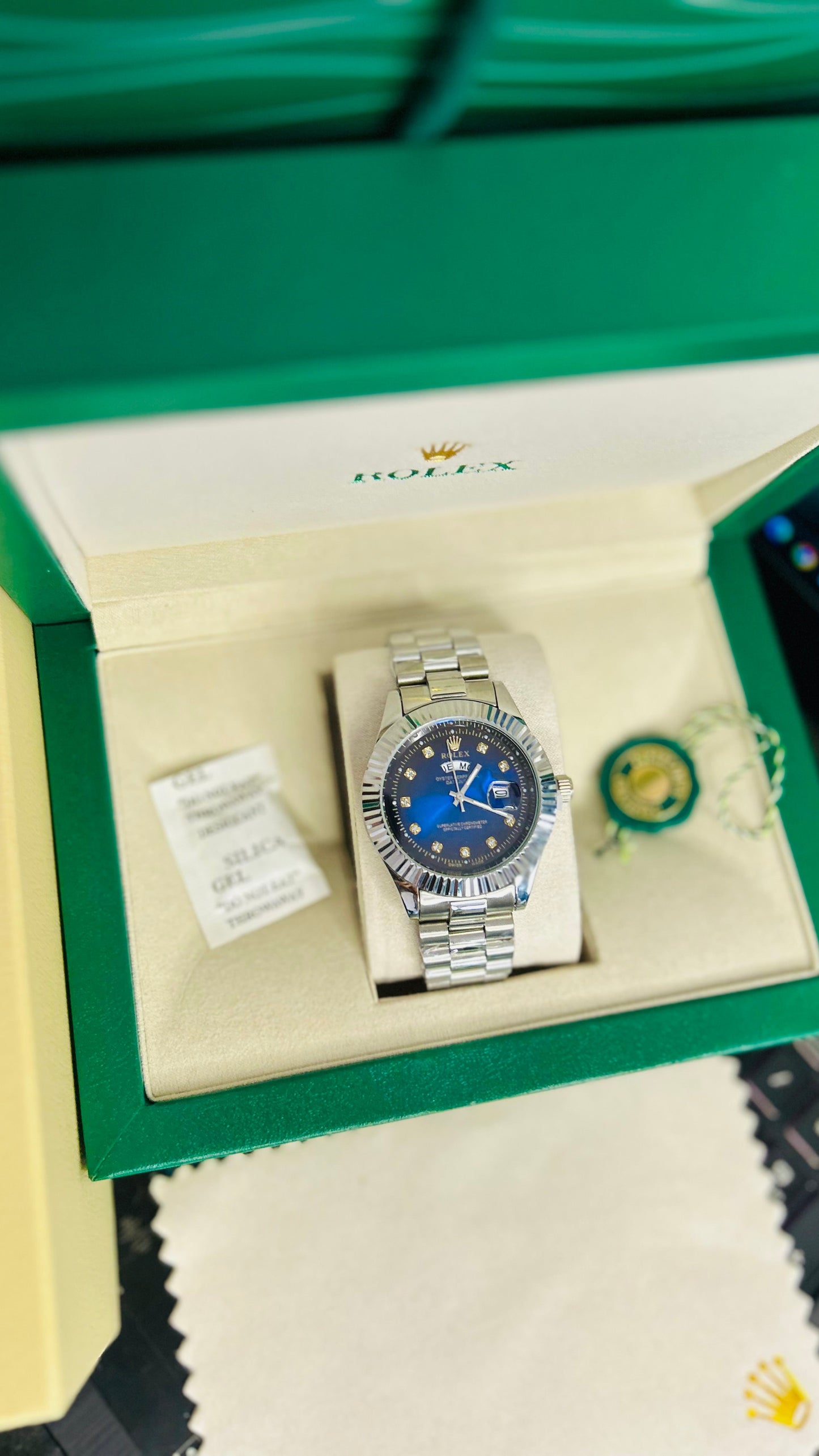 Blue Dial Luxury Watch with Silver Chain & Original Rolex Box