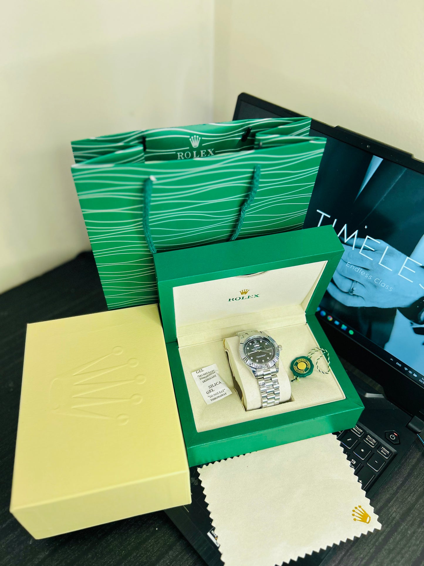 Blue Dial Luxury Watch with Silver Chain & Original Rolex Box