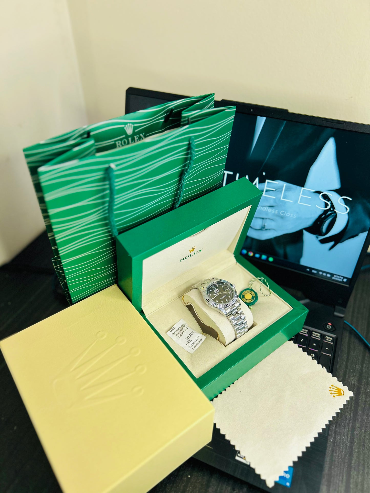 Blue Dial Luxury Watch with Silver Chain & Original Rolex Box