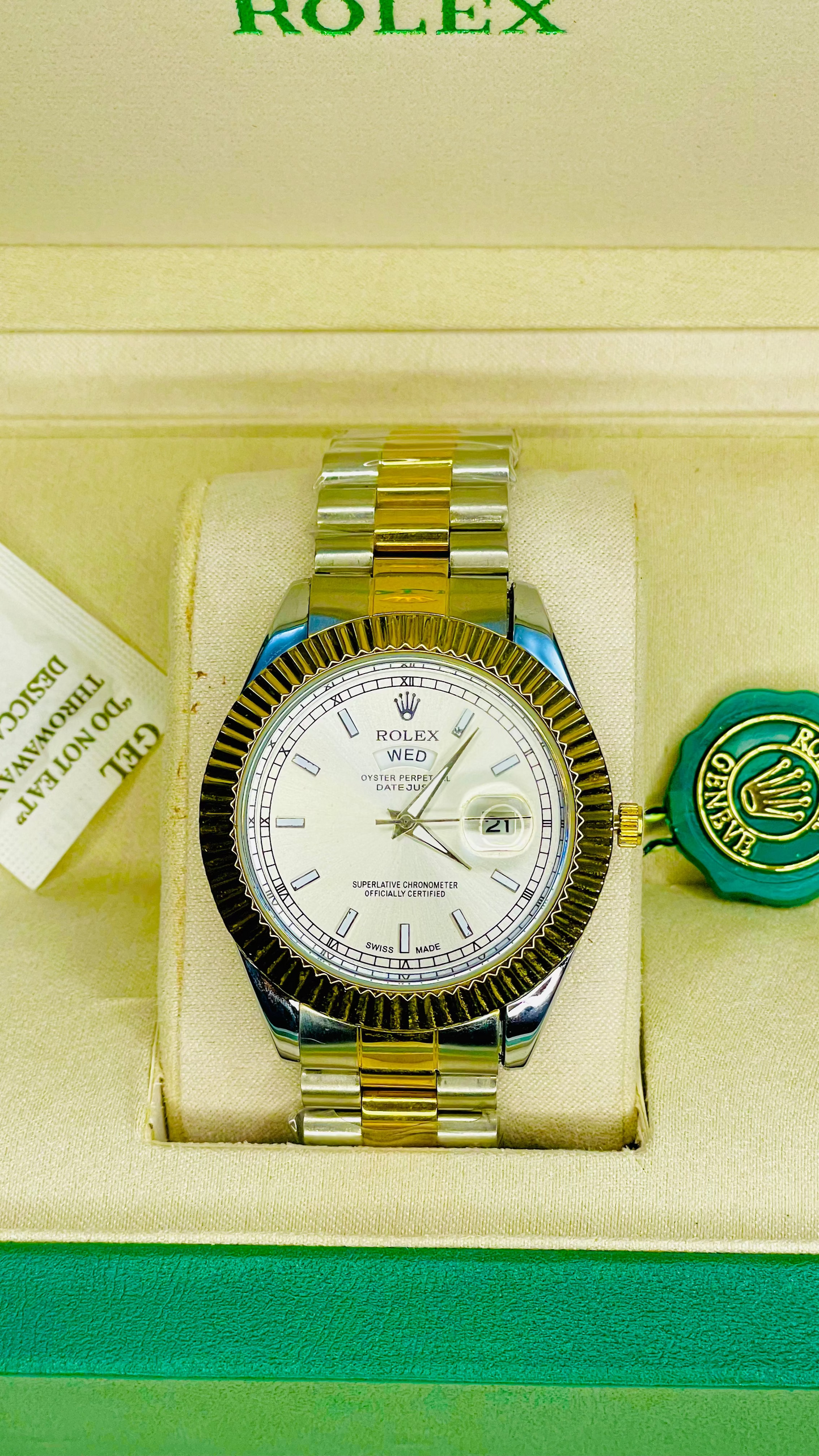 Luxury Gold Watch with White Dial & Original Rolex Box