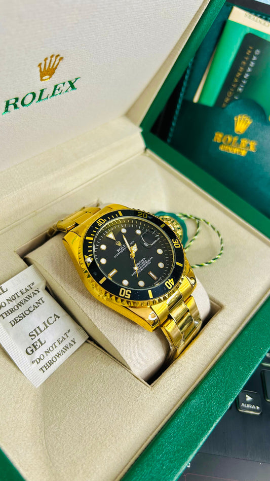Black Submariner Dial Watch with Gold Chain & Original Rolex Box