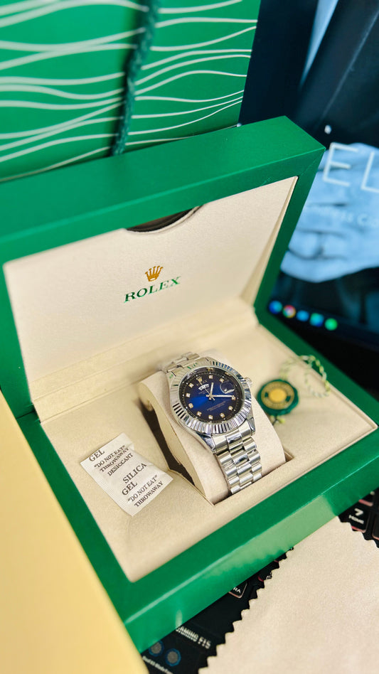 Blue Dial Luxury Watch with Silver Chain & Original Rolex Box
