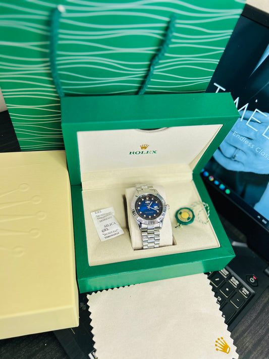 Blue Dial Luxury Watch with Silver Chain & Original Rolex Box