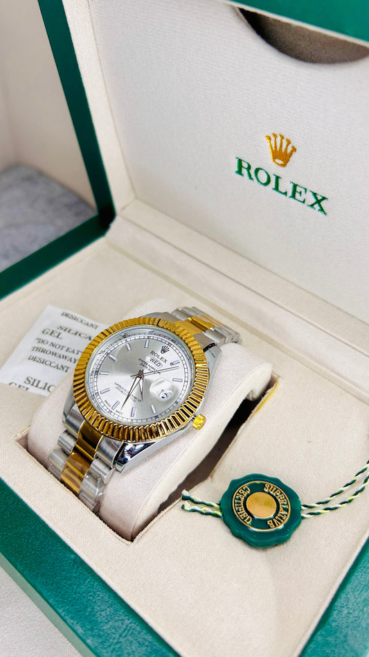 Off-White Dial Luxury Watch with Gold-Silver Chain – 42mm & Original Rolex Box