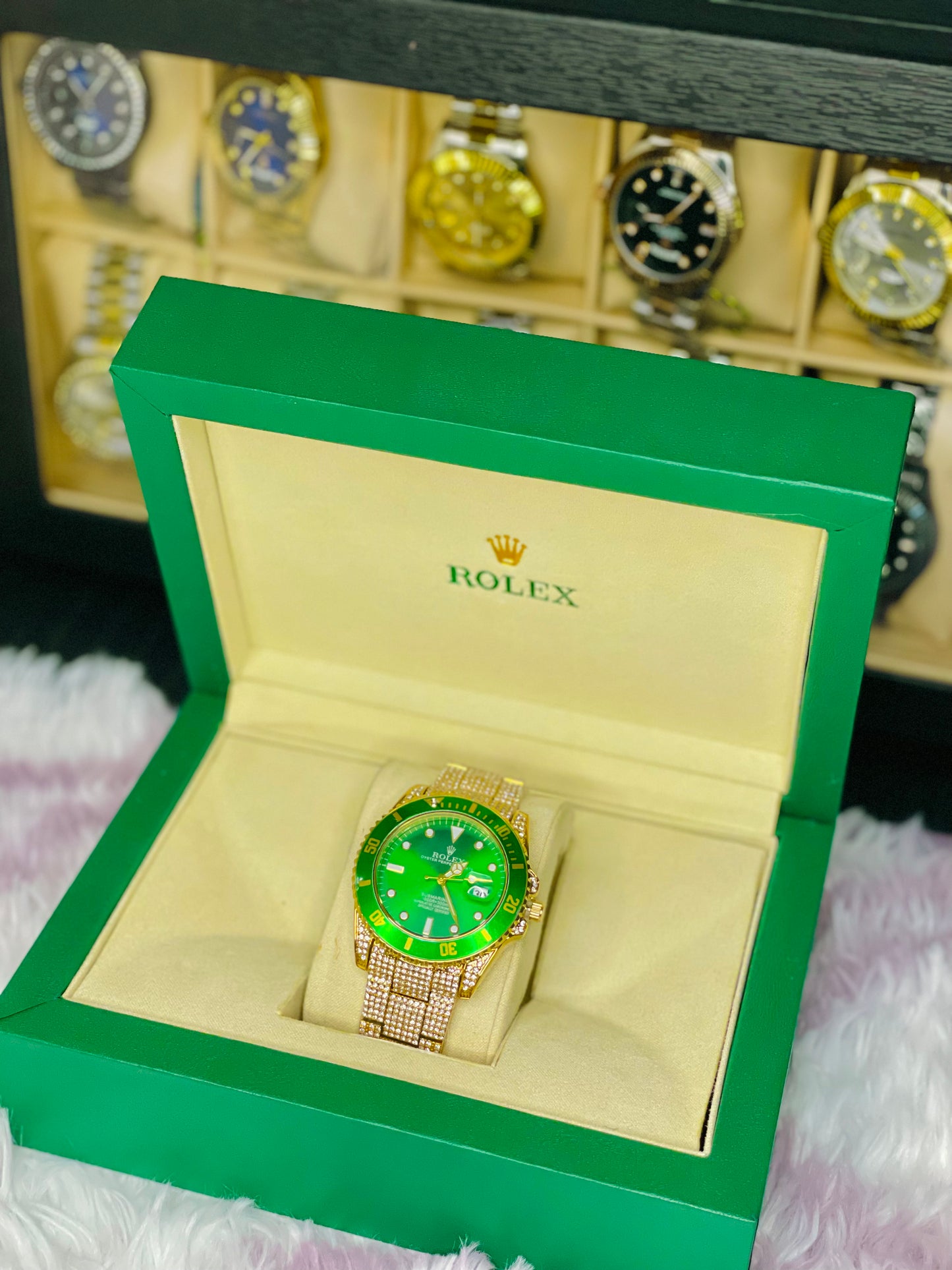 Rose Gold Mesh Strap Luxury Watch with Rolex Box