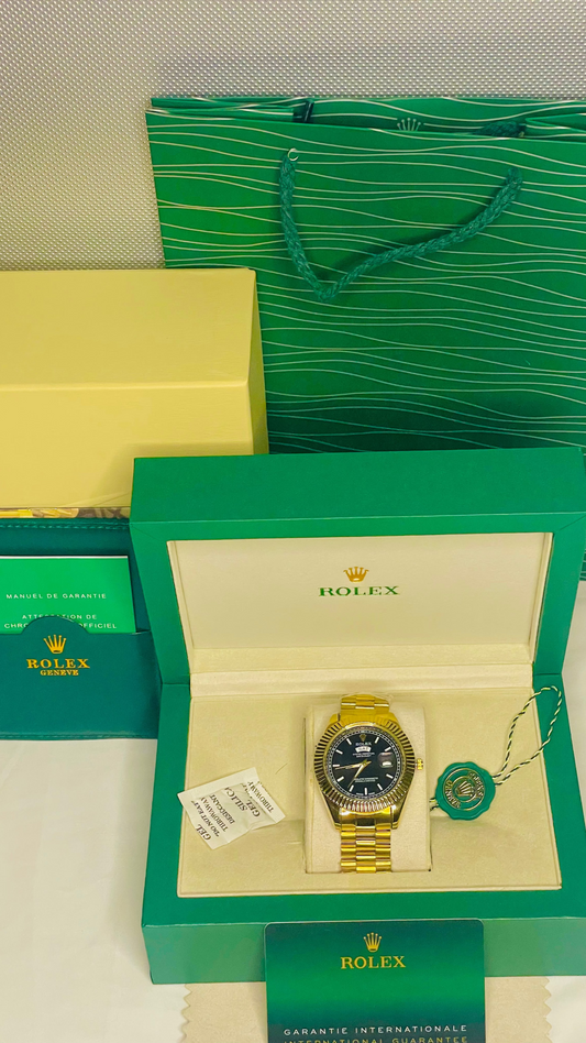 Luxury Black & Gold Dial Watch with Original Rolex Box