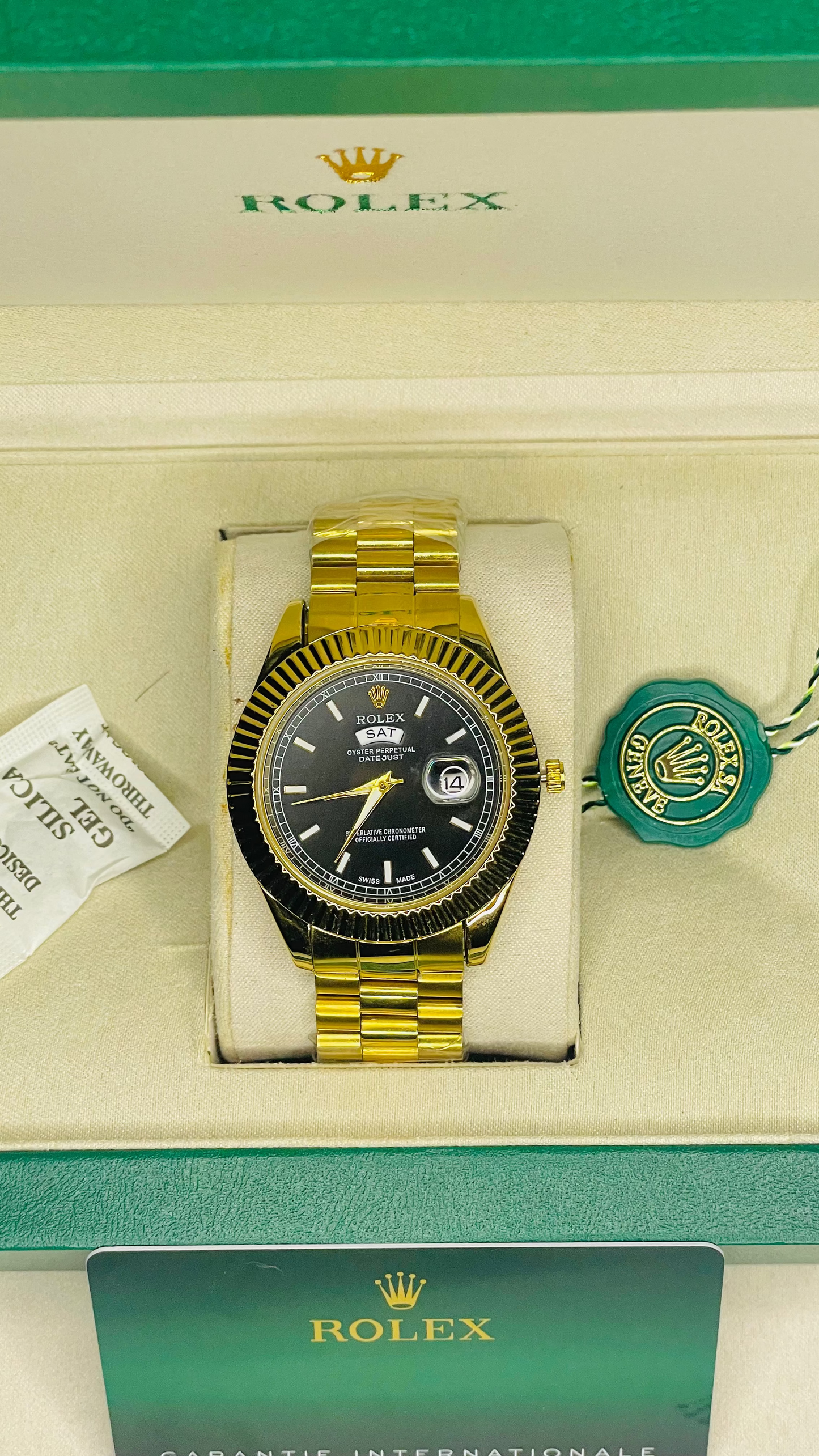 Luxury Black & Gold Dial Watch with Original Rolex Box