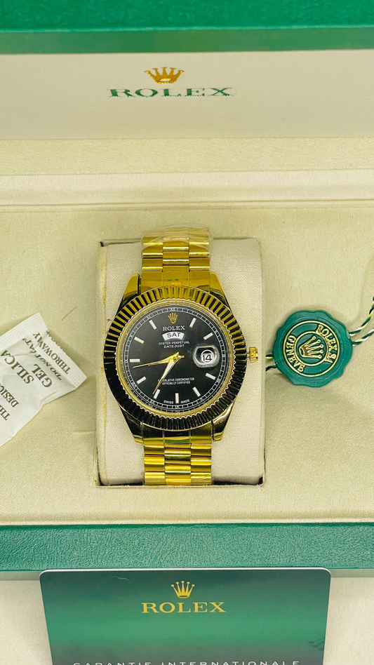 Luxury Black & Gold Dial Watch with Original Rolex Box