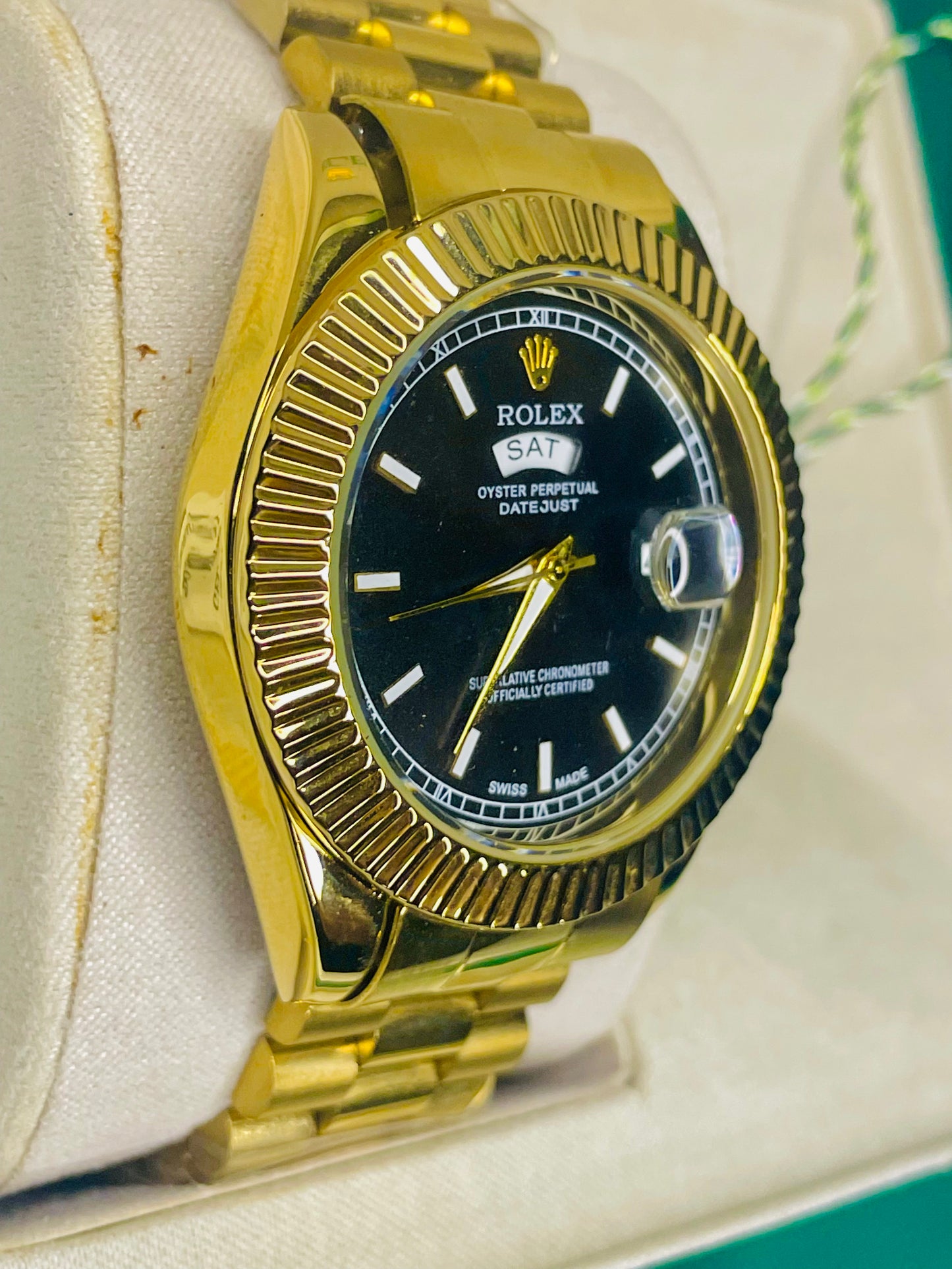 Luxury Black & Gold Dial Watch with Original Rolex Box