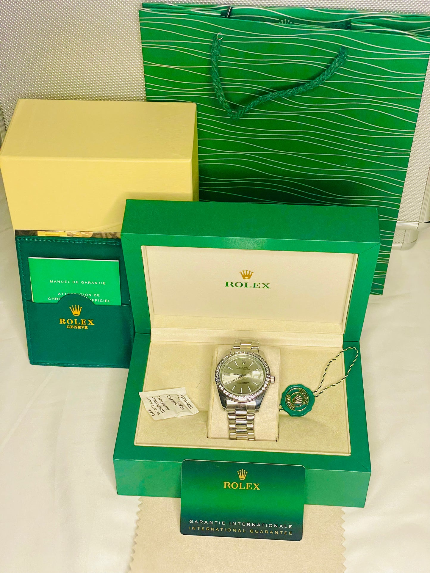 Luxury Aqua Blue Stone Dial Watch with Original Rolex Box