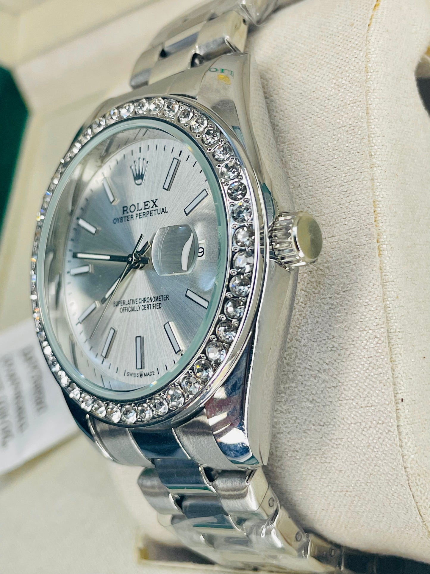 Luxury Aqua Blue Stone Dial Watch with Original Rolex Box