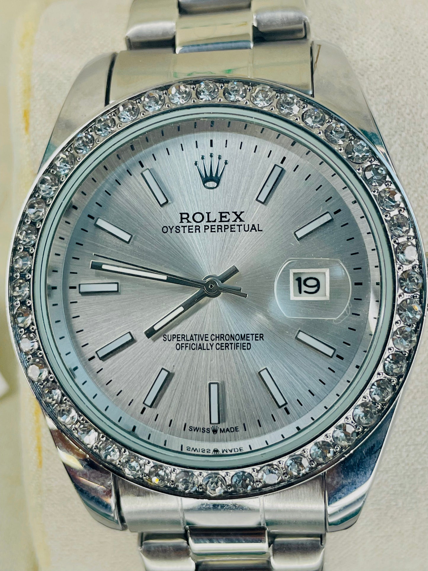 Luxury Aqua Blue Stone Dial Watch with Original Rolex Box