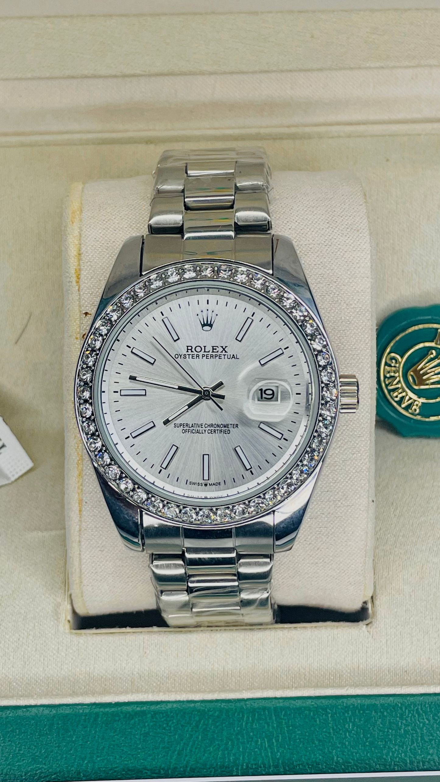 Luxury Aqua Blue Stone Dial Watch with Original Rolex Box