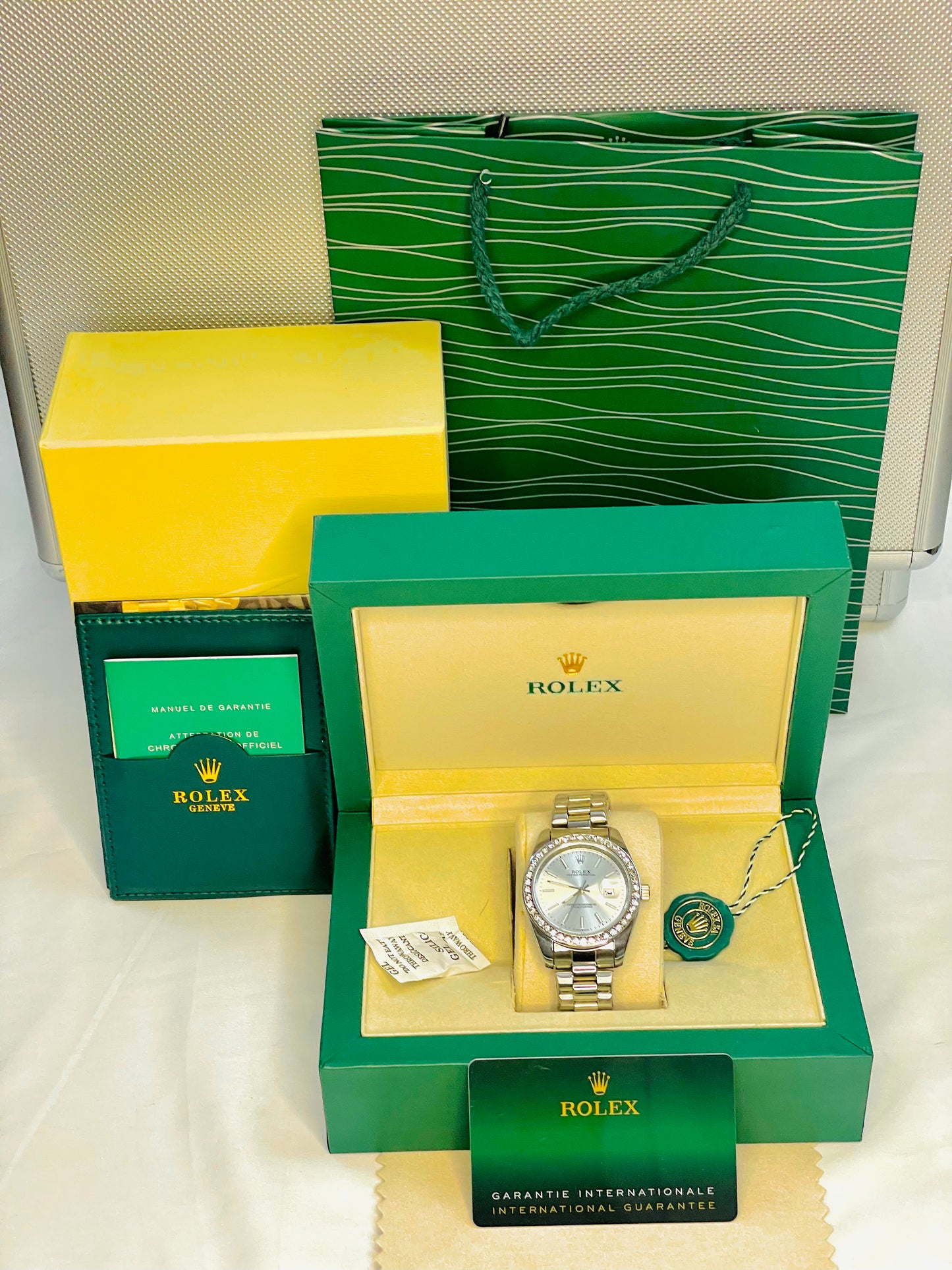 Luxury Aqua Blue Stone Dial Watch with Original Rolex Box