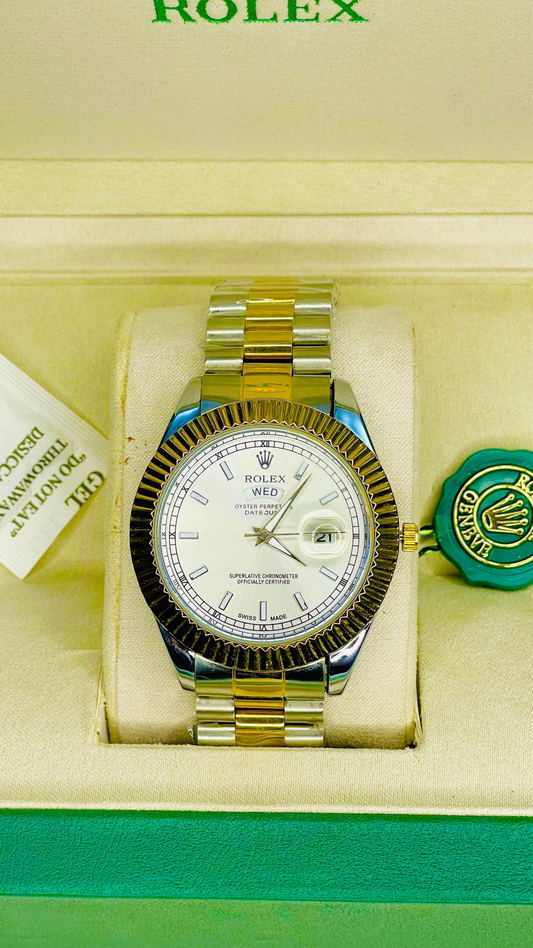 Luxury Gold Watch with White Dial & Original Rolex Box