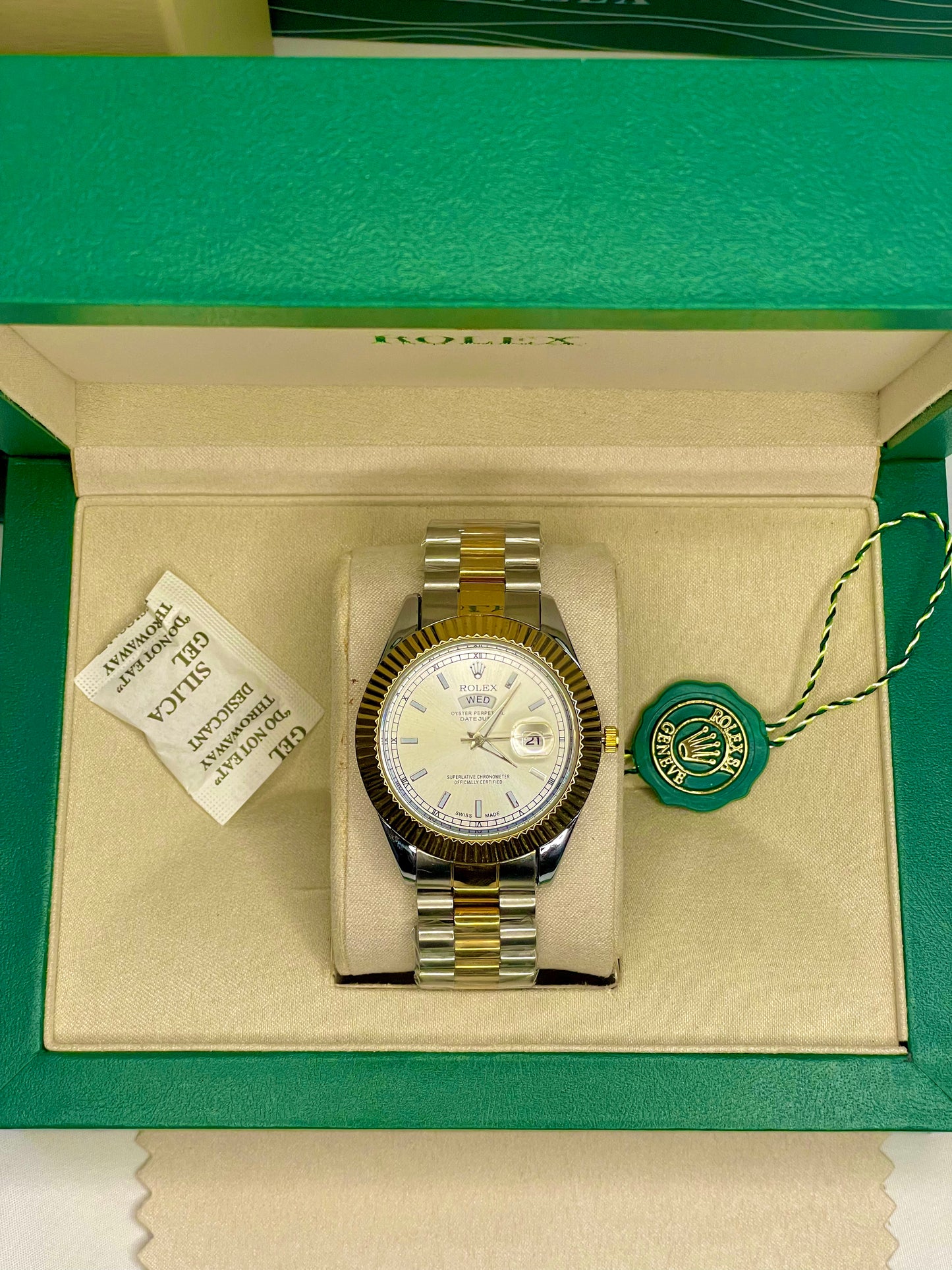 Luxury Gold Watch with White Dial & Original Rolex Box